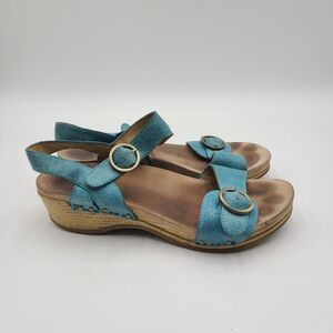 B2 Dansko Sandals Womens 39 Manda Slide Wedge Teal Blue Leather Double Strap